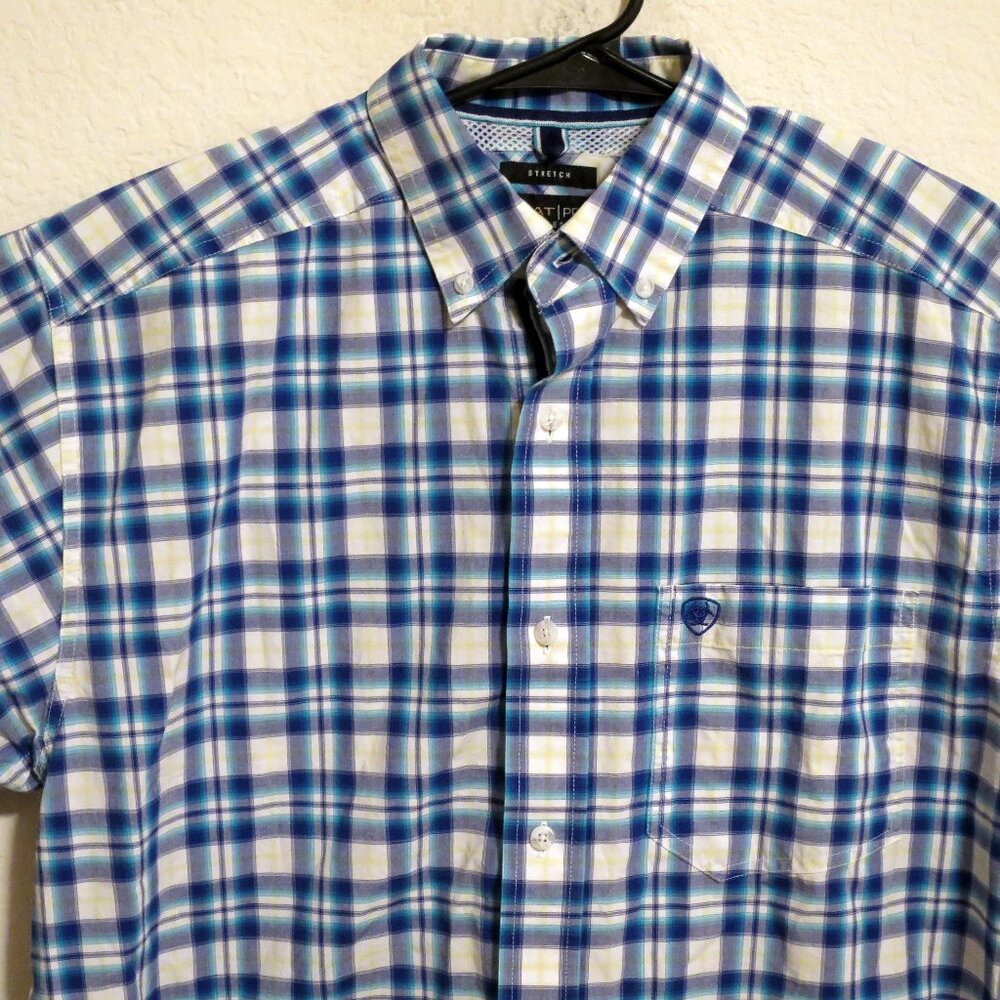 Ariat Shirt Mens Medium Short Sleeve Button Western Blue White Striped